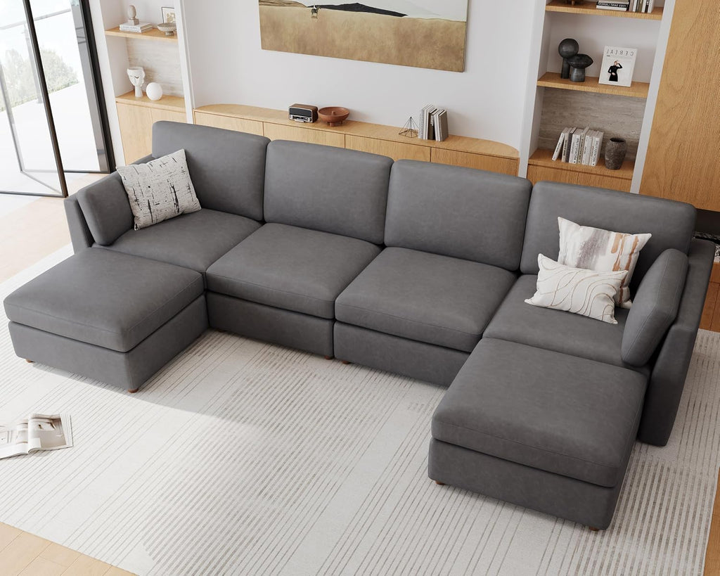 Faux Leather Modular Sectional Sofa Wide U Shaped Couches Grey | Oversized Couches for Living Room, Extra Large 6 Seater Comfy Luxury Deep Seat Couch