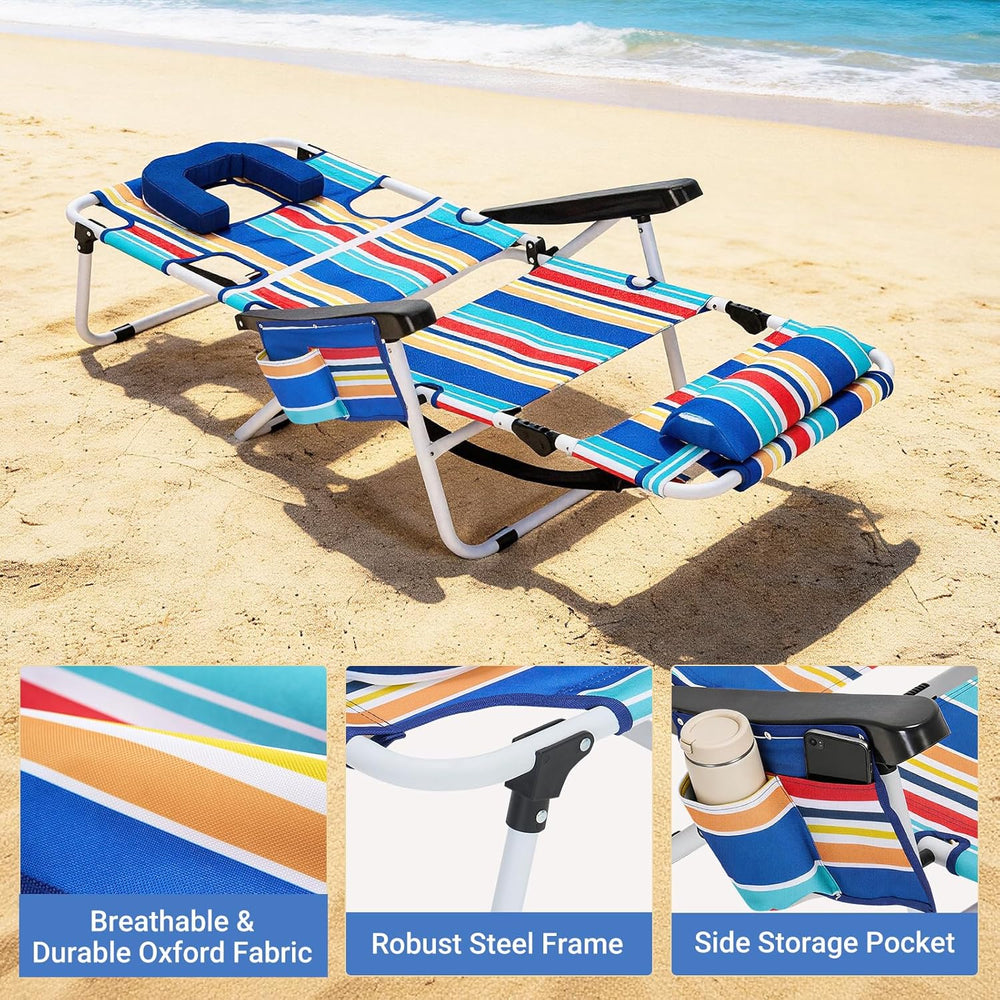 5 Position Folding Beach Chair with Face Hole, Portable Backpack Foldable Lou...