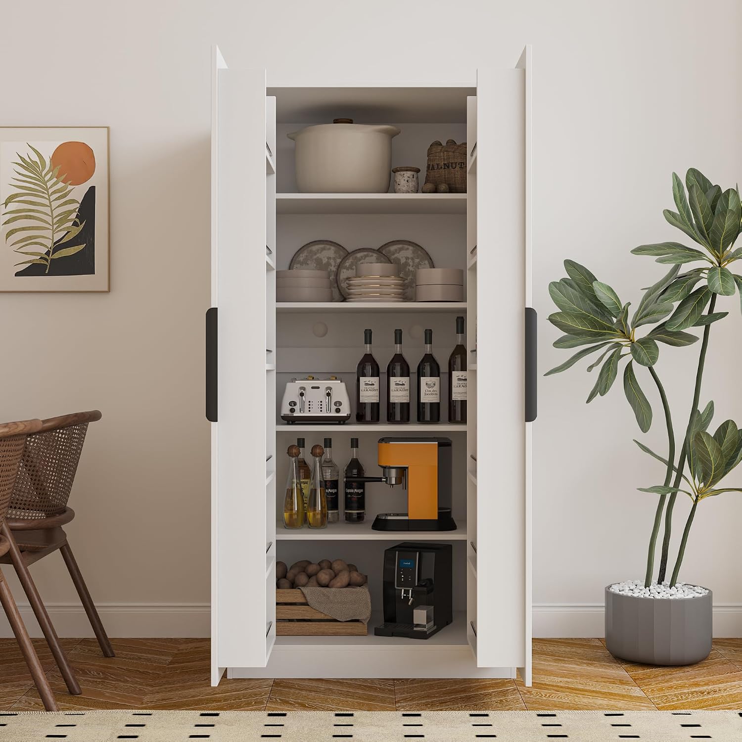 62.99in Kitchen Pantry Cabinet, Freestanding Buffet Cupboards Sideboard with Doors & Shelves, Kitchen Pantry Storage Cabinet Multiple Storage Space, for Living Dinning Room (White)