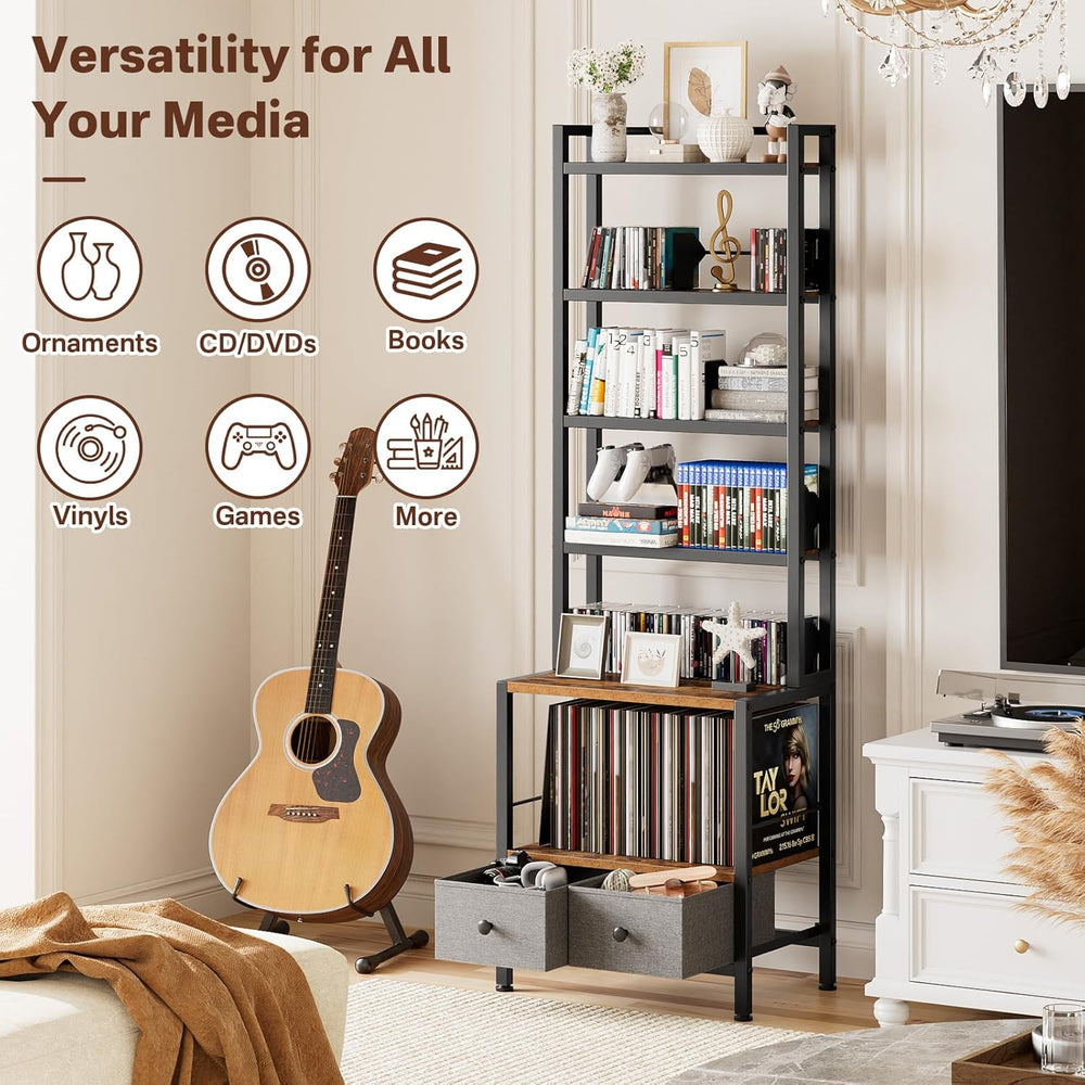 DVD Storage Vinyl Record Storage Rack, 6-Tier CD Rack Tower with Drawers for ...