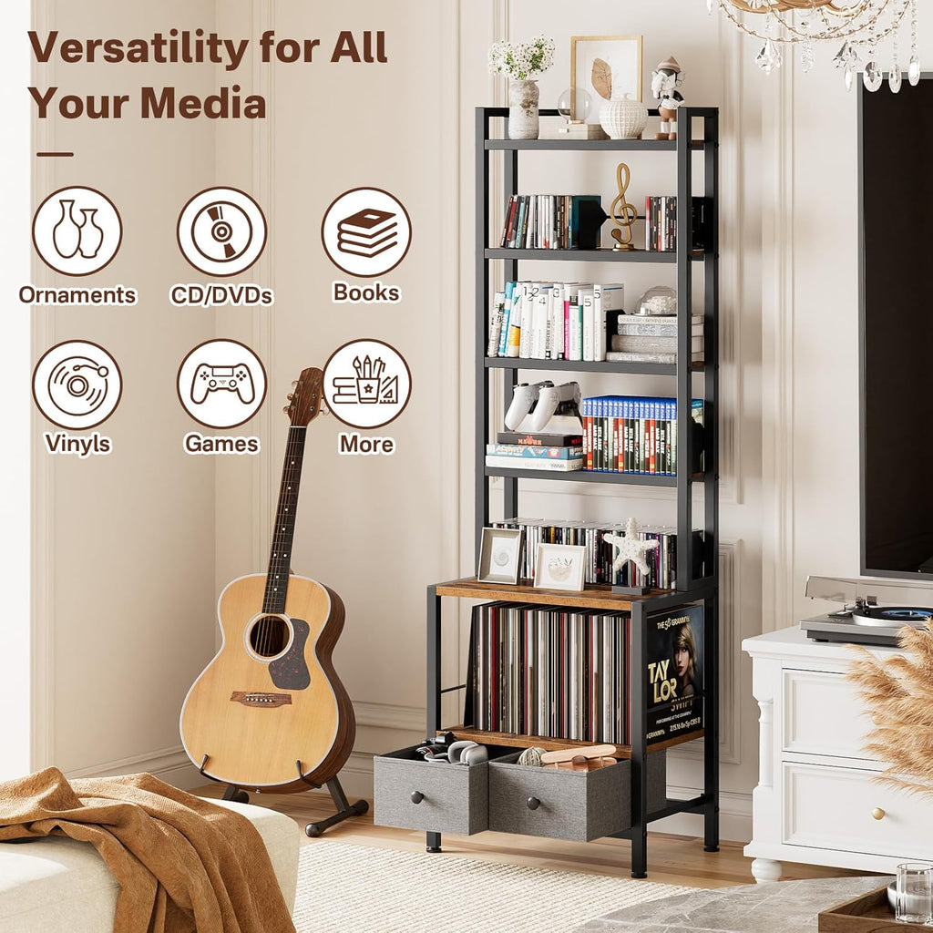 DVD Storage Vinyl Record Storage Rack, 6-Tier CD Rack Tower with Drawers for CDs, DVDs, Albums, Books & Games, Vinyl Record Holder & DVD Shelf Organizer for Living Room & Home Office, 20.8x11.8x63Inch