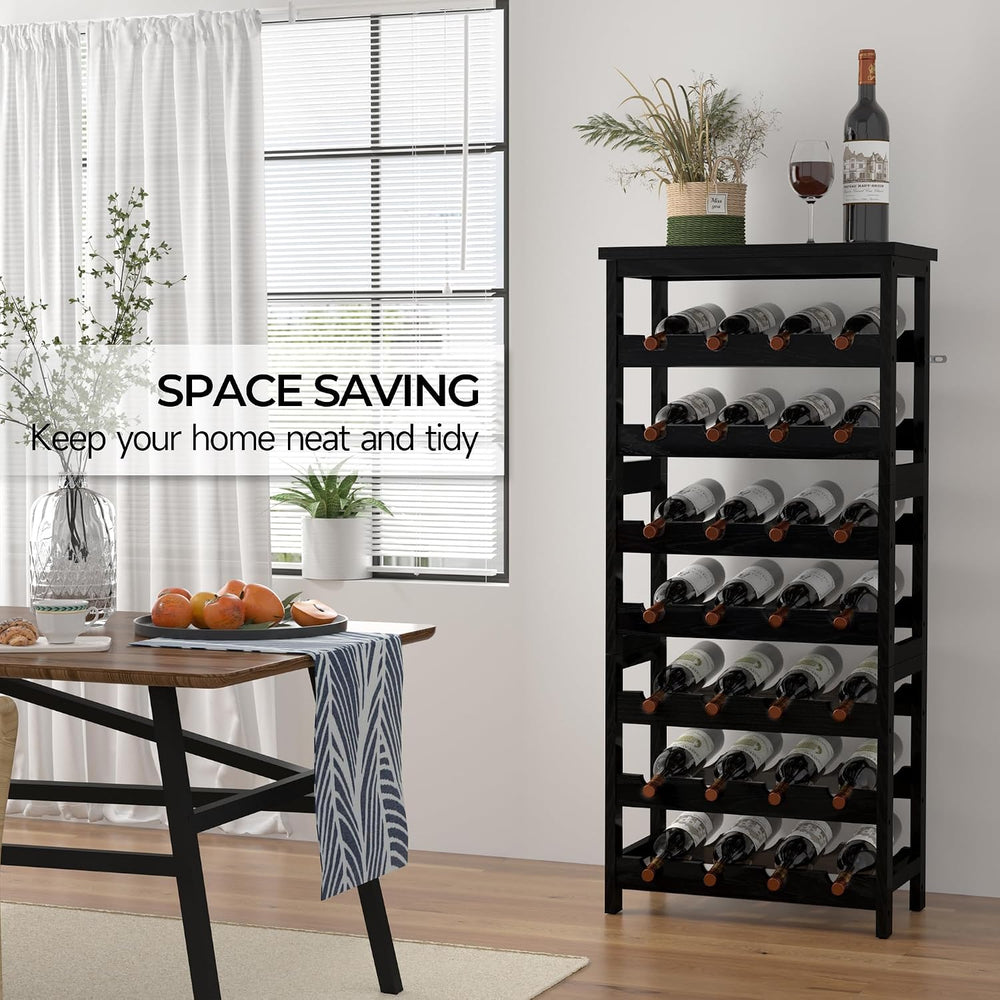 28-Bottle Wine Rack Free Standing Floor, Solid Wood 7-Tier Display Wine Stora...
