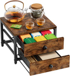 Plaviya Wood Tea Bag Organizer with 2 Drawers for Countertop | Tea Bag Holder and Storage, 9 Compartments, Utility, Home, Kitchen, Office, Rustic Brown