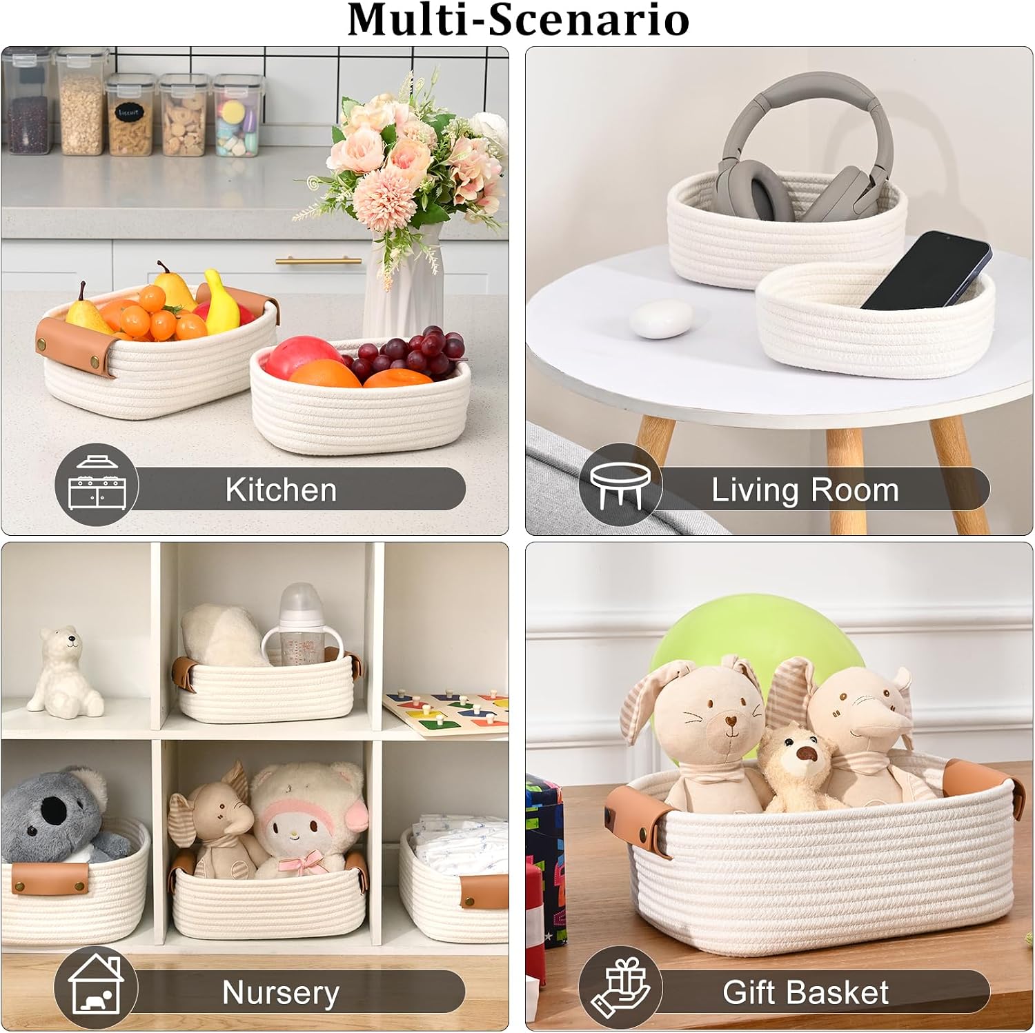 Storage Baskets for Organizing, Small Woven Basket Set of 6-4 Shelf Basket with Leather Handle and 2 Small Gift Baskets, Cotton Rope Basket for Shelves, Nursery, Dog Toy, Bathroom