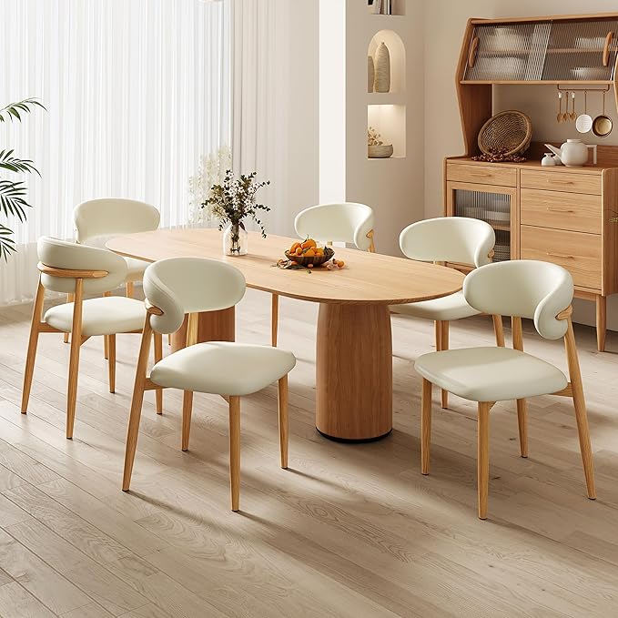 Dining Chairs Set of 6 for Kitchen Dining Table Mid Century Modern Farmhouse Upholstered Leather Dining Room Chairs with Metal Legs, Original Beige