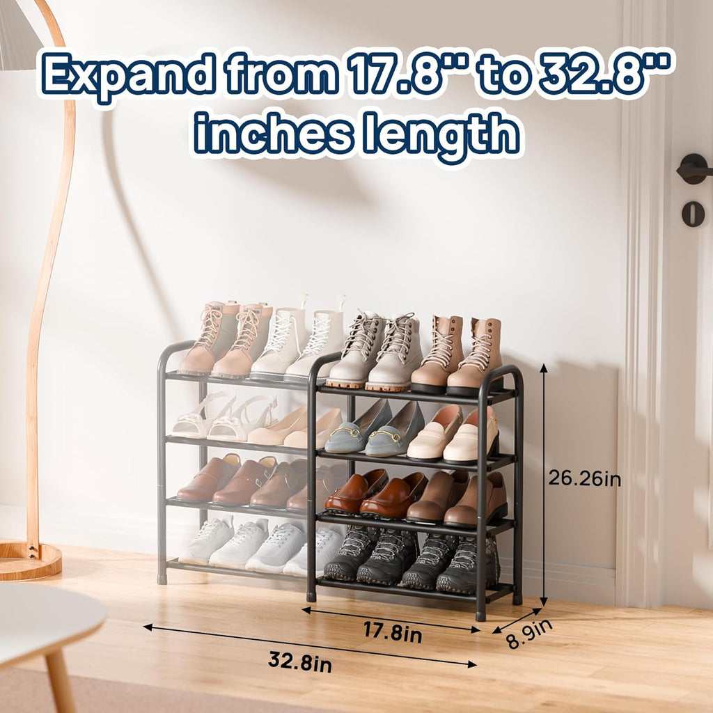 ENJOYBASICS 4 Tier Expandable Shoe Rack for Closet, Free Standing Metal Shoe Shelf Storage Organizer Holder 16 Pairs, Adjustable Width Shoe Rack for Entryway Small Space, Black