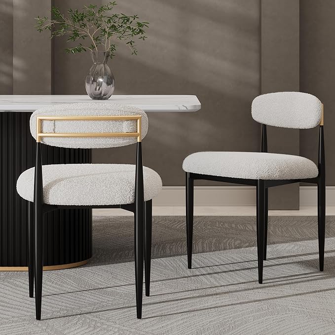 Morden Fort Modern Dining Chairs Set of 6, White Armless Chairs with Curved Backrest and Black Metal Legs for Dining Room, Kitchen, Living Room and Reception