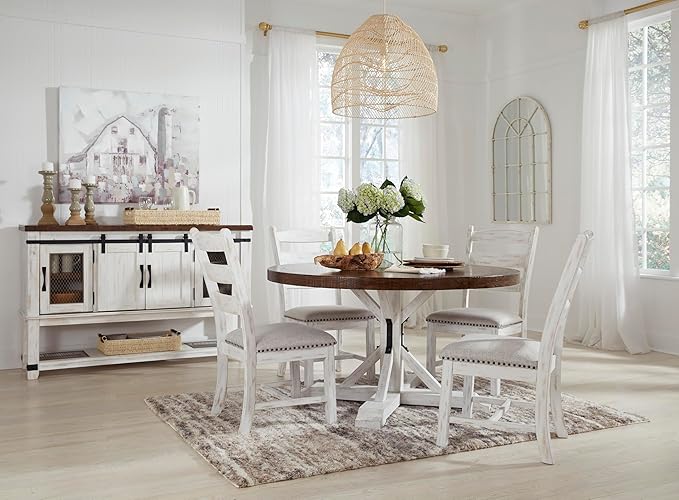Signature Design by Ashley Valebeck Farmhouse Cushioned Dining Chair, 2 Count, Nailhead Trim, Fabric Upholstery, Solid Wood, 39" Seat Height, Whitewash