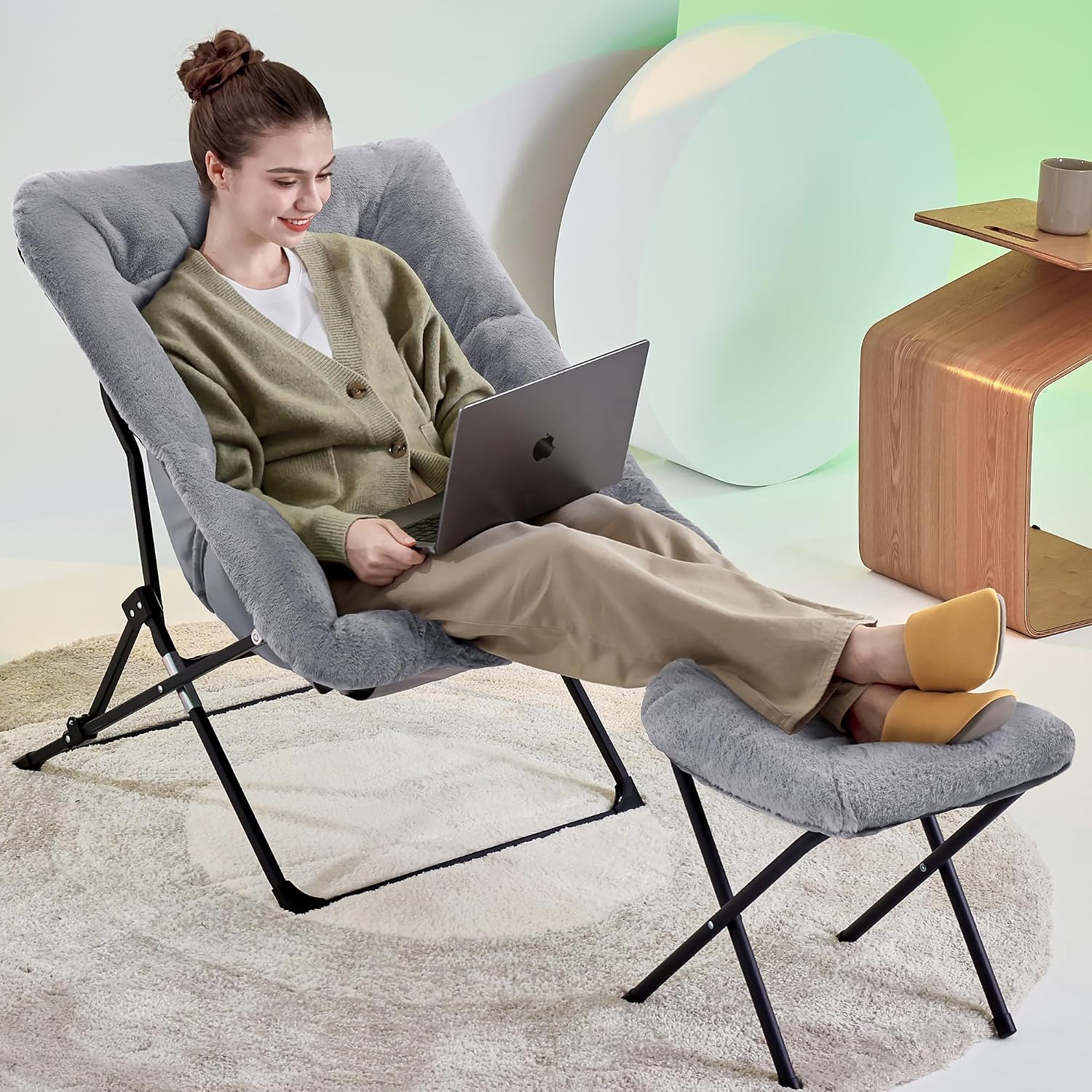 Walsham Folding Comfy Chair with Ottoman, Faux Fur Soft Cozy Lounge Reading Papasan Chair with Footrest for Adults Kids Bedroom Living Room Dorms Small Space, Gray