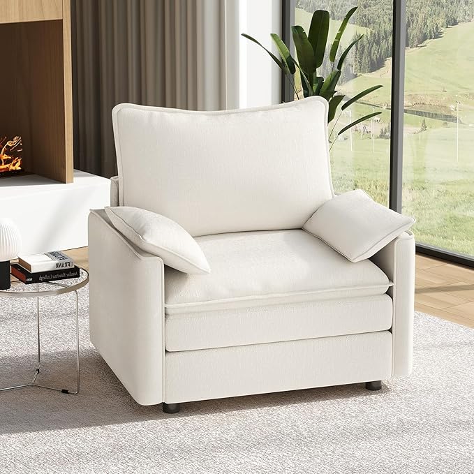 Vesgantti 40" Single Seat Sofa, Comfy Cloud Couch Deep Seat Upholstered Couch Chenille Modern Sofa with Armrest Pillow, Easy Assembly for Living Room, Bedroom and Apartment, Snow White