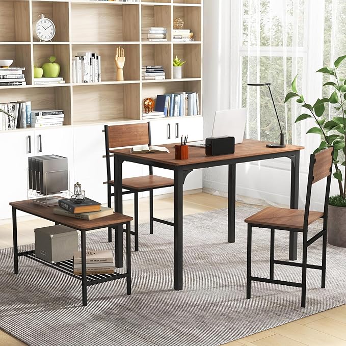 Giantex Dining Table Set for 4, 43" Kitchen Table and Chairs, Dining Bench with Metal Frame & Storage Rack, 4-Piece Modern Functional Desk Set for Dinette, Small Space, Apartment, Restaurant, Walnut