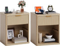 Fluted Nightstand Set of 2 with Charging Station, Bedside Table with Drawers and Open Storage Space, Metal Handles and Rounded Corners for Safety, Mid Century Modern End Table, Bedroom, Living Room