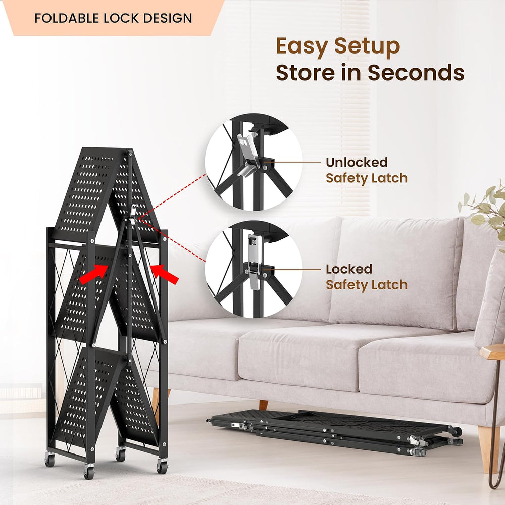 3-Tier Foldable Storage Shelf with Wheels | Metal Rack Collapsible Shelving D...