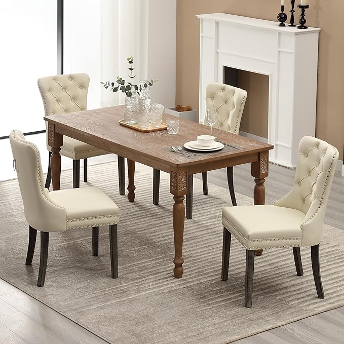 KCC Faux Leather Dining Chairs Set of 2, Upholstered High-end Tufted Dining Room Chair with Nailhead Back Ring Pull Trim Solid Wood Legs, Contemporary Nikki Collection Modern Style for Kitchen, Beige