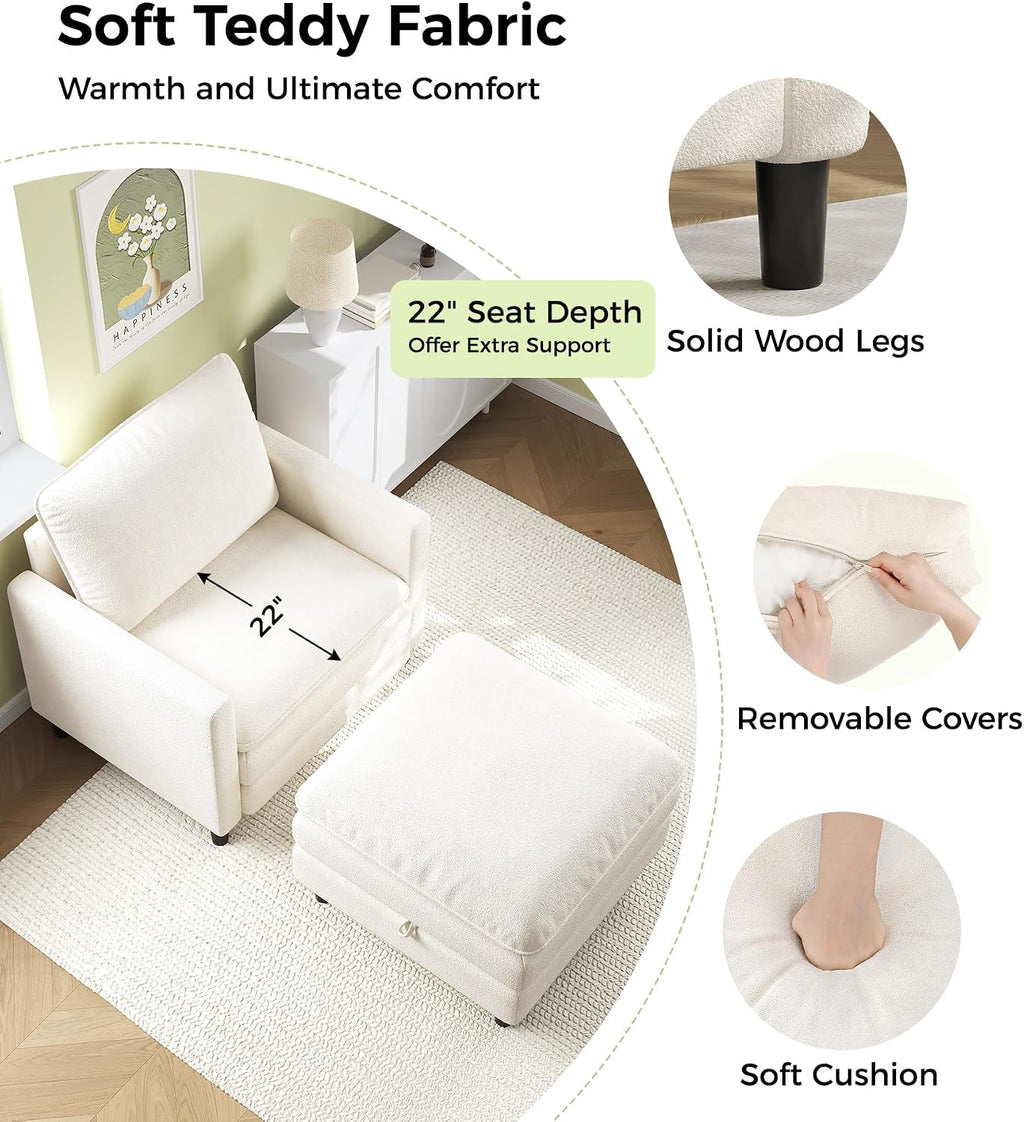 Welzona 3-Layers Cloud Accent Chair with Ottoman, 33" Teddy Reading Chair | Comfy Teddy Fabric, Washable Covers, Tool-Free Setup, All-wood Arm Chair and Ottoman Sets for Living Room, Bedroom, Beige