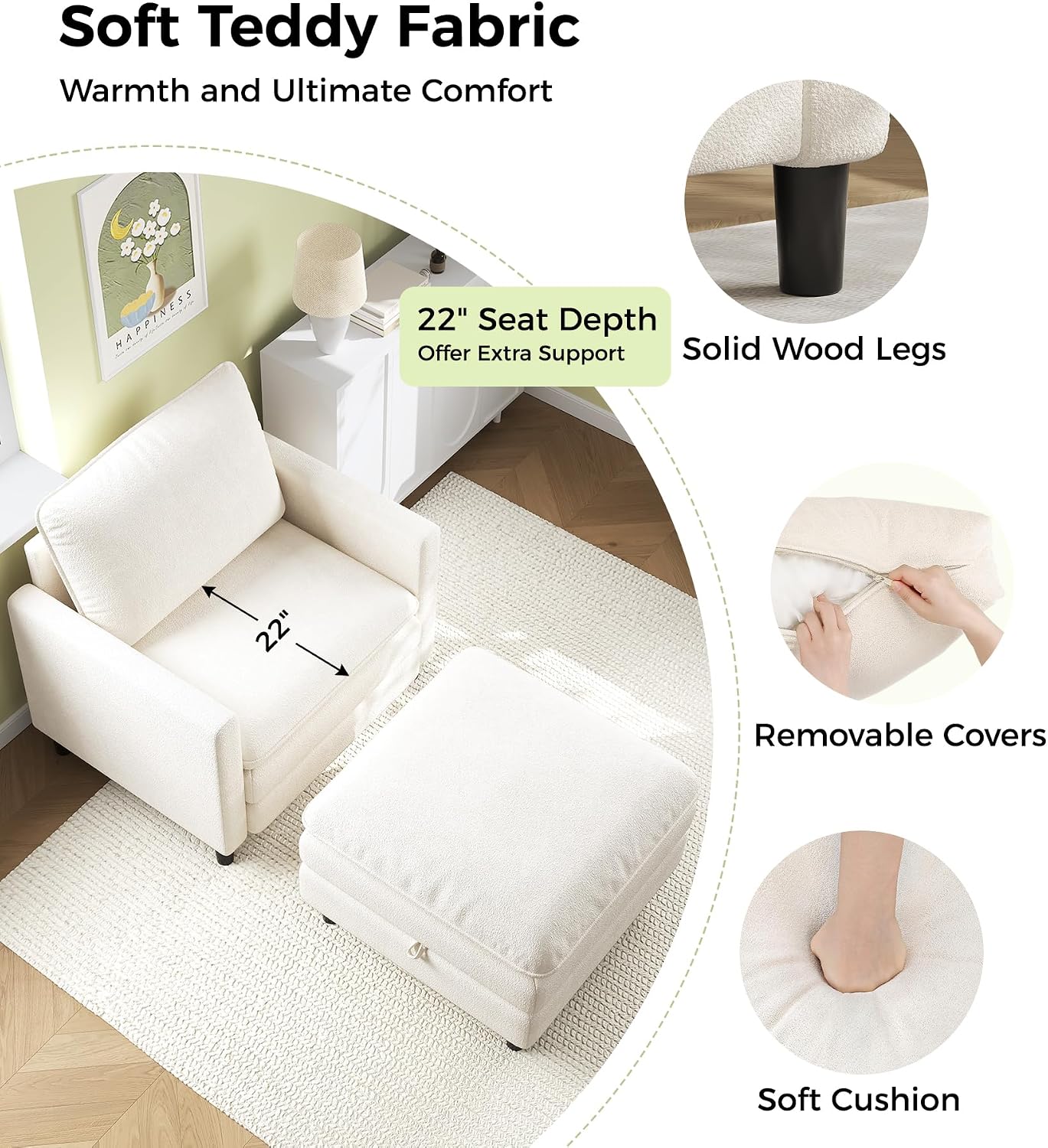 Welzona 3-Layers Cloud Accent Chair with Ottoman, 33" Teddy Reading Chair | Comfy Teddy Fabric, Washable Covers, Tool-Free Setup, All-wood Arm Chair and Ottoman Sets for Living Room, Bedroom, Beige