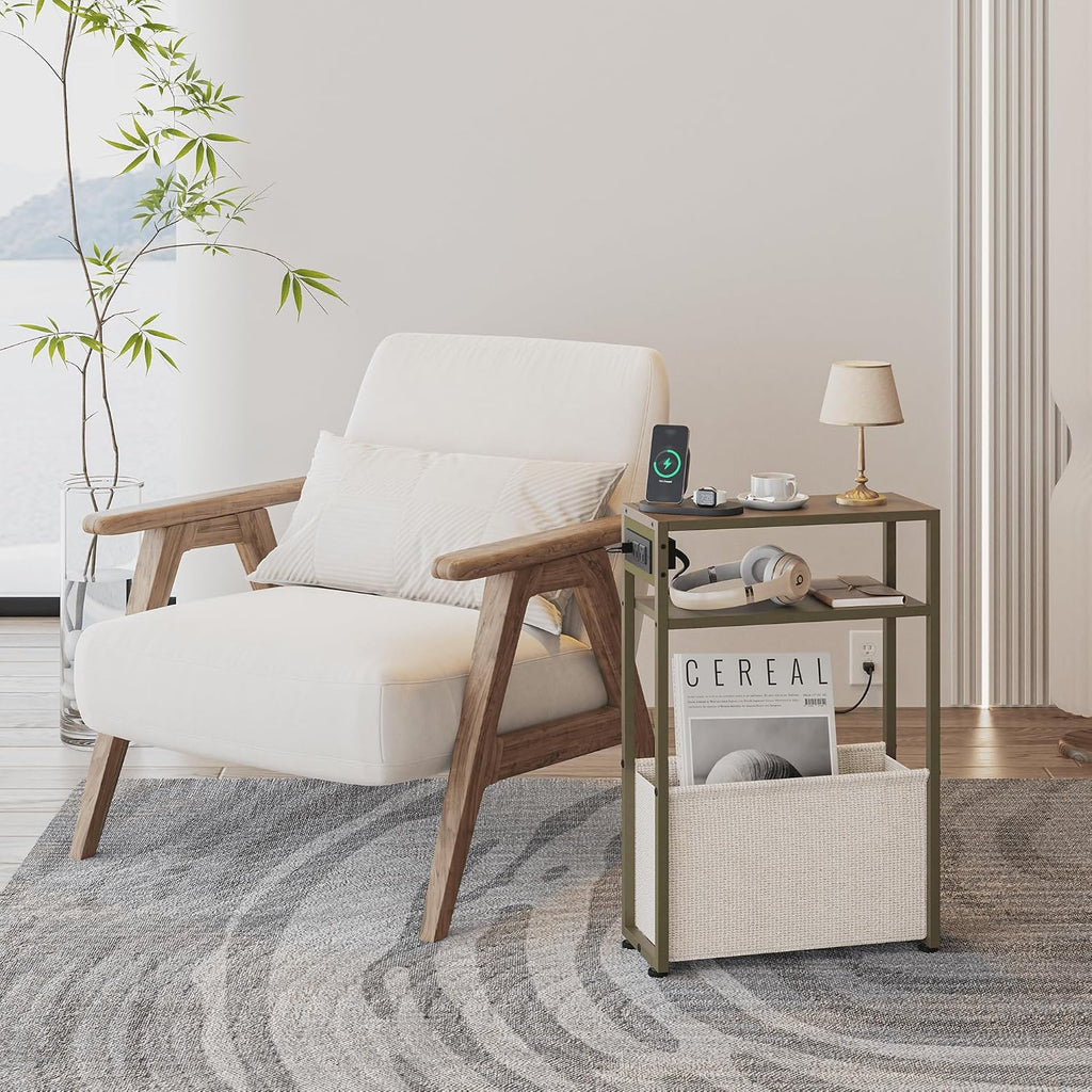 Leomonio Green Side Table with Charging Station, Slim End Tables with Linen Basket, Skinny Table for Small Spaces, Thin Bedside Table for Living Room, Bedroom