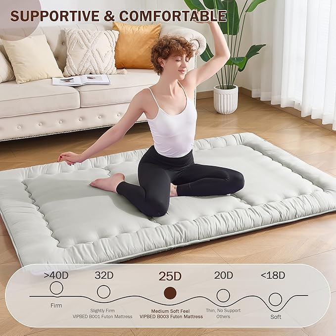 Japanese Floor Futon Mattress Full Size, 25D High Density Support Foam, 4" Thicken Foldable Mattress Tatami Mat Sleeping Pad Suitable for Camping, Guest Room, Light Grey 54"x 80"