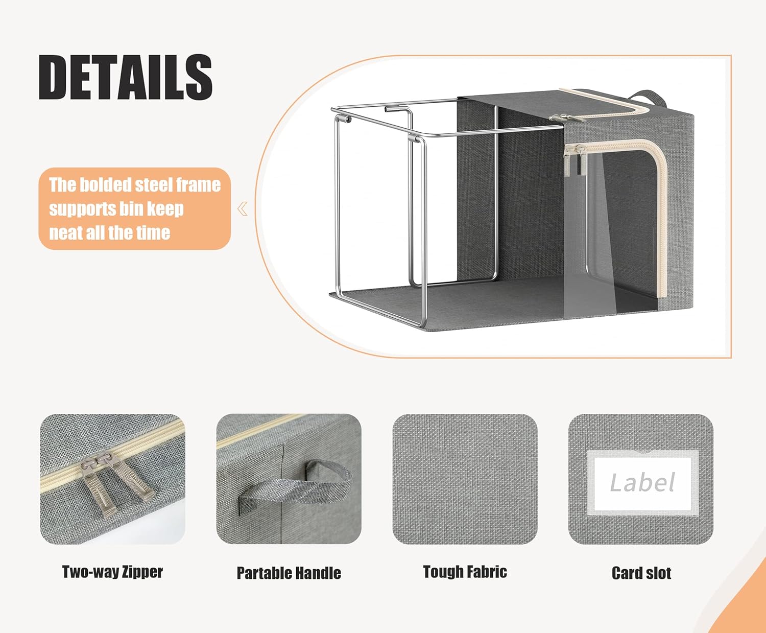 3 Opeings Large Clothes Storage Bins with Metal Frame, Foldable Storage Bin for Clothes, Clothing Storage Bins with Lid, Linen Storage Box With Clear Window＆ Zippers＆ Handles.(3 Pcs,Light Grey,66L)