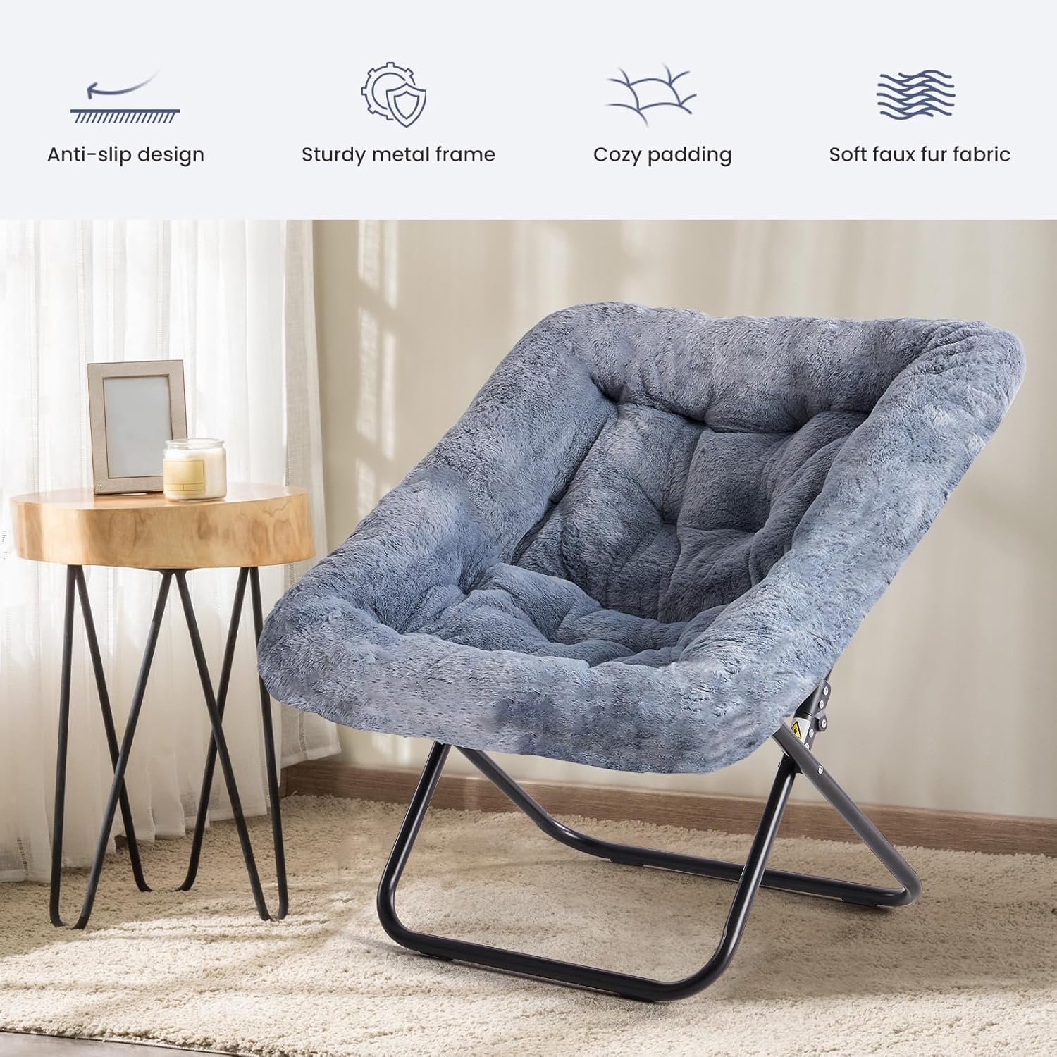 Simple Deluxe Oversized Square Moon Chair for Adults, Soft Faux Fur Folding Lounge Chair with Sturdy Steel Frame, Comfortable Reading Gaming Chair for Living Room, Bedroom, Grey