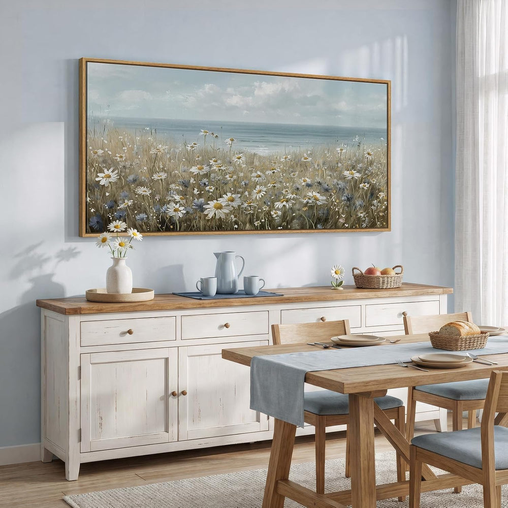 Large Framed Coastal Wildflower Landscape Wall Art for Living Room, 60x30