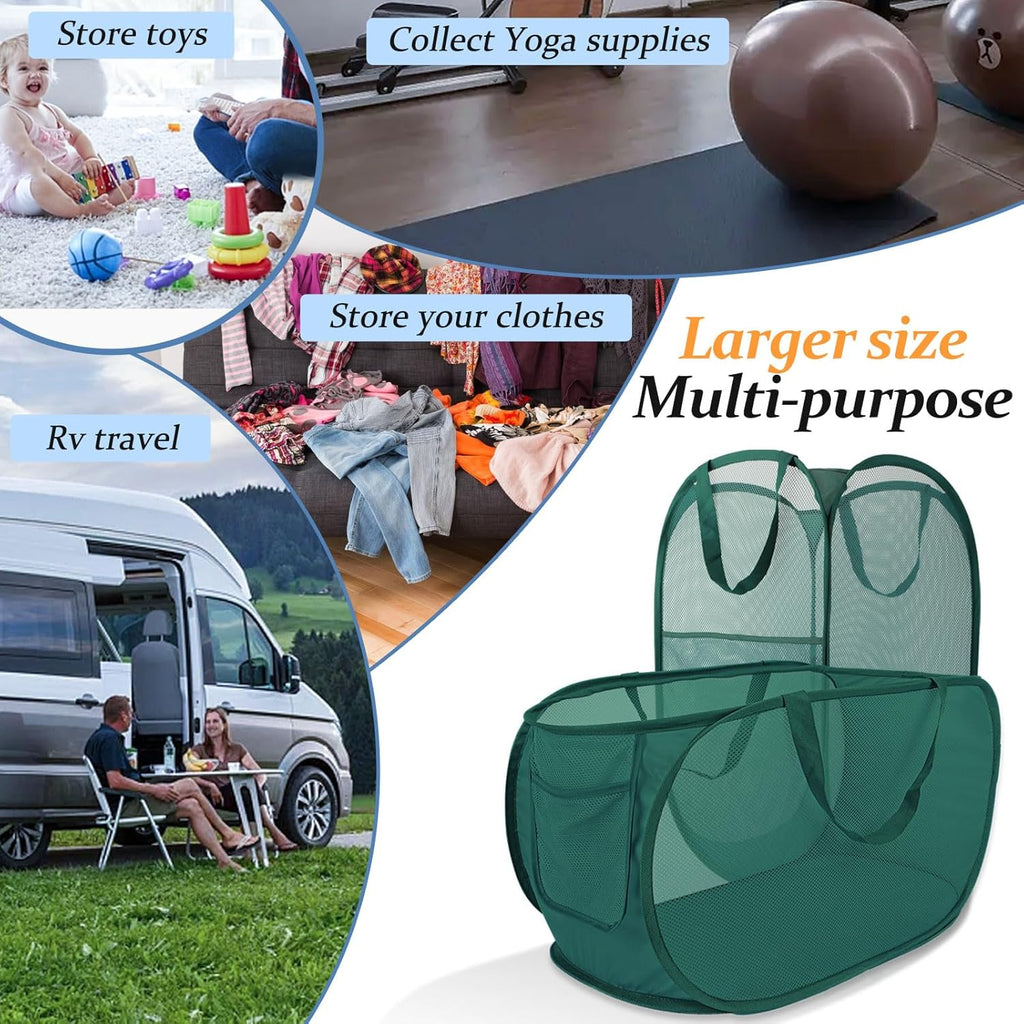 Upgraded Extra Large Mesh Pop Up Laundry Hamper 2 Pack, 100L Foldable Laundry Baskets, Dirty Clothes Hamper with Handles, Collapsible Hampers for Laundry Travel, Dorm or Home. Green