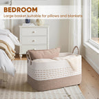 OIASKET 75L Large Cotton Rope Storage Basket, Soft Decorative Blanket Basket for Living Room & Bedroom, Boho Laundry Hamper with Handles Capable of Holding Pillows, Clothes and Toys-Brown & White