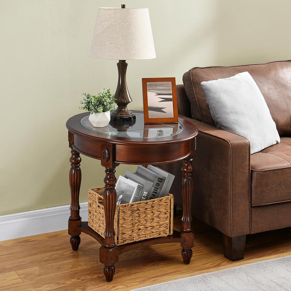 Vintage Solid Wood Oval End Table with Tempered Glass Top, 28"x24" ...