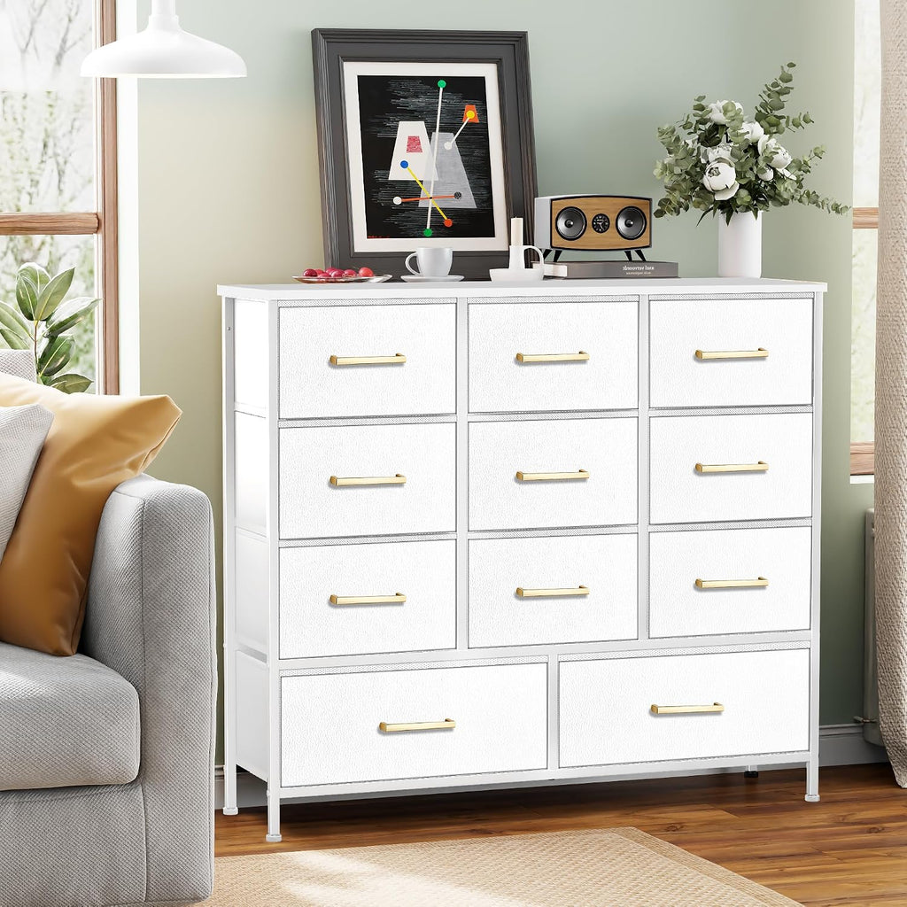 VASICAR 11-Drawer Compact Dresser for Bedroom, Fabric Clothes Storage Organizer, White Chest of Drawers with Wood Top for Closet, Nursery, Living Room