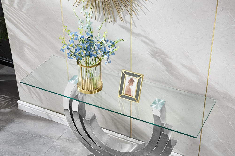 HomVent Glass Sofa Table with Silver Stainless Steel Base | 47"Rectangul...