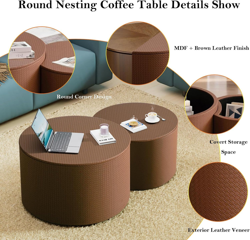 Round Nesting Coffee Table with Storage (C Brown 26.8+18.3in) | Modern Chic C...