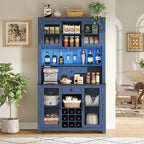 70.9" Kitchen Pantry Storage Cabinet Rustic Buffet Cabinet, Kitchen Hutch Cabinet with LED Outlets Food Pantry with Doors and Shelves Wine Rack for Dining Room, Navy Blue