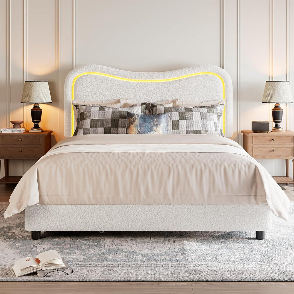 Garvee Boucle Full Bed Frame with 2 Storage Drawers and LED Lights, Beige