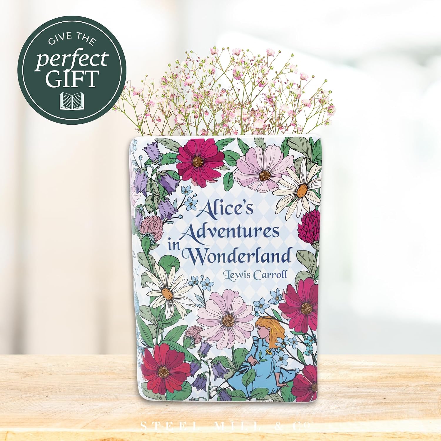 Steel Mill & Co. Ceramic Book-Shaped Vase, Alice's Adventures in Wonderland | Original Large Decorative Vases for Home Decor, Cute Whimsical Classic Bookshelf Decor, Unique Vase for Book Lovers