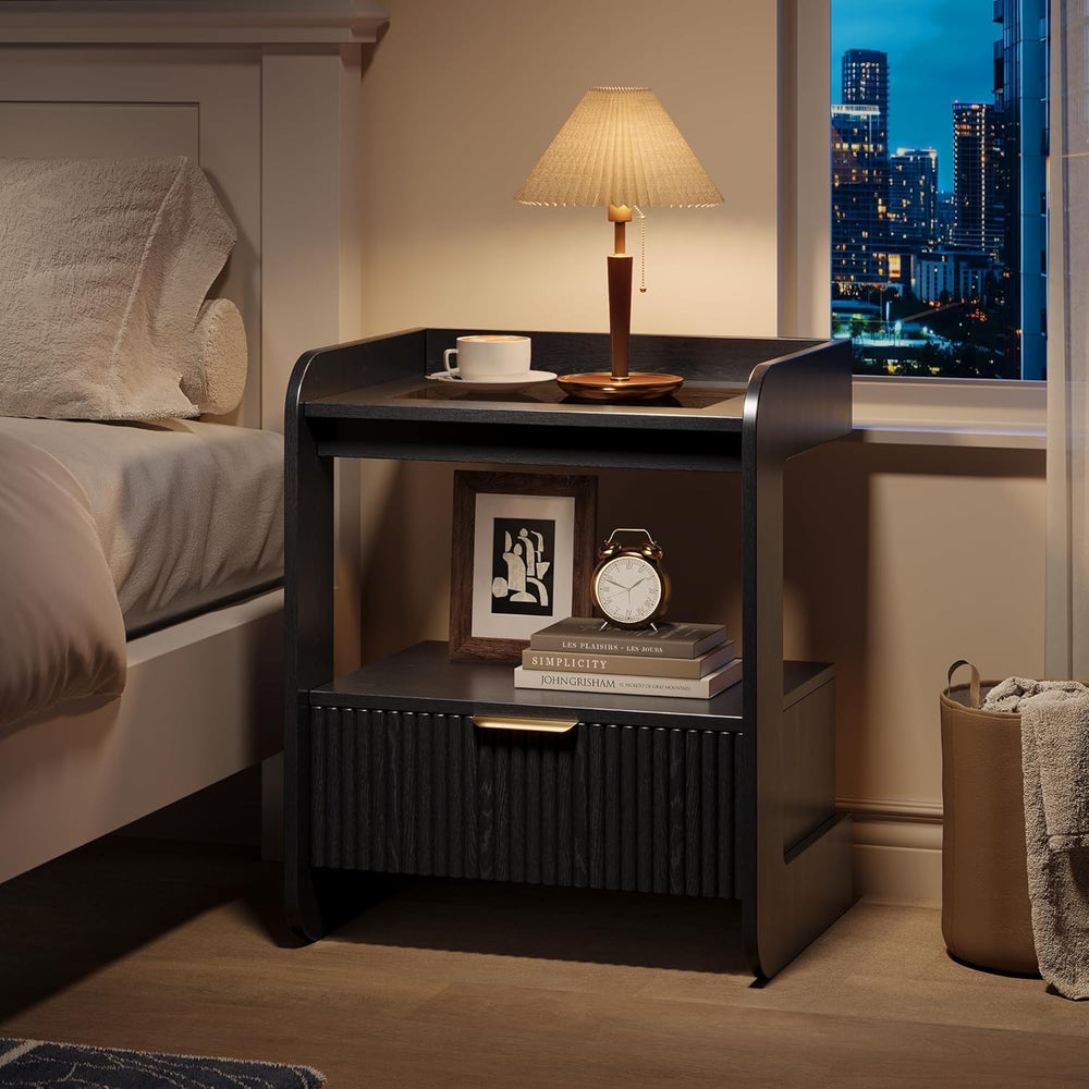 Nightstands Set of 2, Fluted Bedside Tables with Amber Glass Top | Hidden Dra...