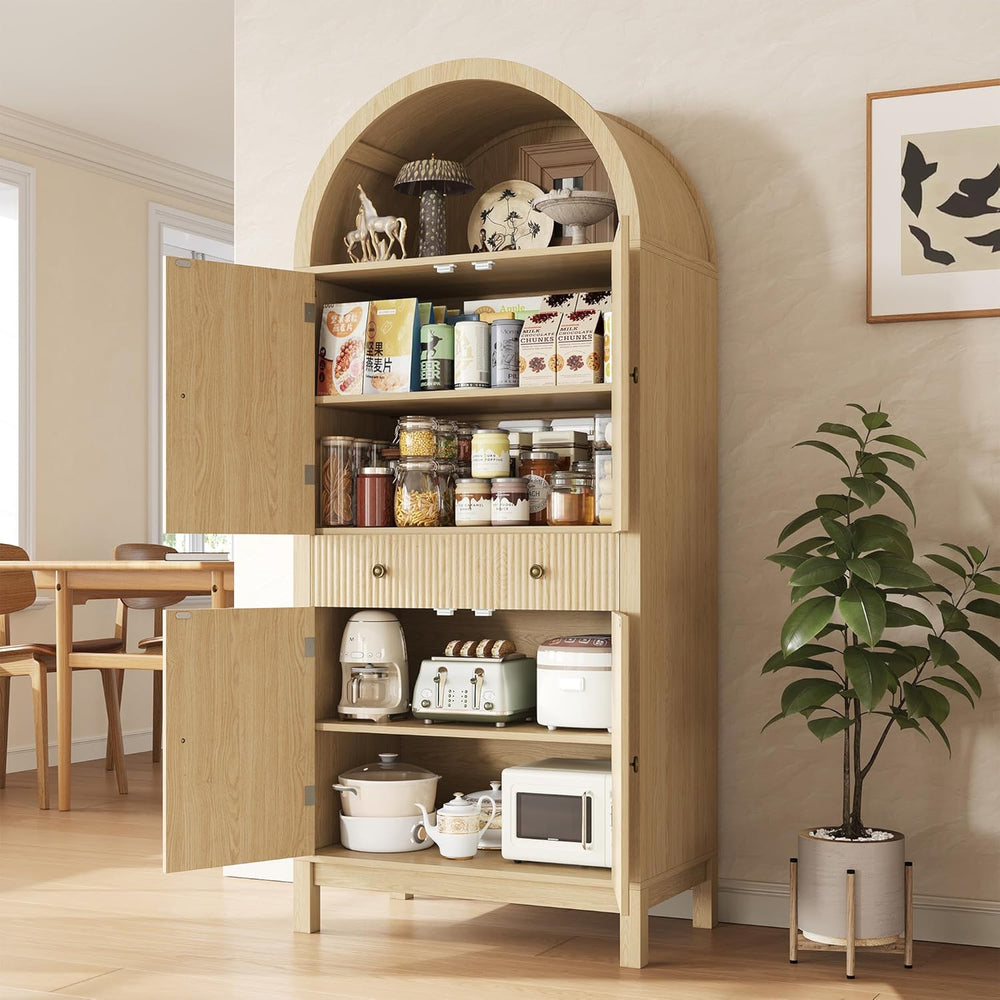 Apicizon 70" Tall Arched Kitchen Pantry Cabinet, 6-Tier Modern Fluted Wo...