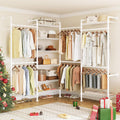 ONBRILL L4 Wall Mounted Industrial Pipe Clothing Rack, Closet Organizer System with 6 Hanging Clothes Rods ( 4 Expandable Rods) & 8 Shelves, Heavy Duty Corner Garment Rack, Large Wardrobe - White