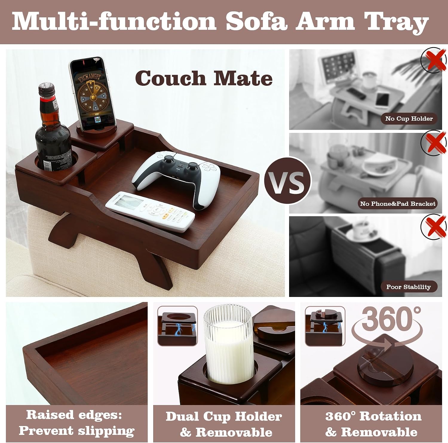 GHKINMAL Couch Cup Holder Tray, 15.4"x9.9" Large 4 in 1 Couch Armrest Table with 360°Rotated Phone Holder, Non-Slip Clip on Side Table for Drinks/Remote/Snacks, Ideal Gift for Husband, Wife, Parents