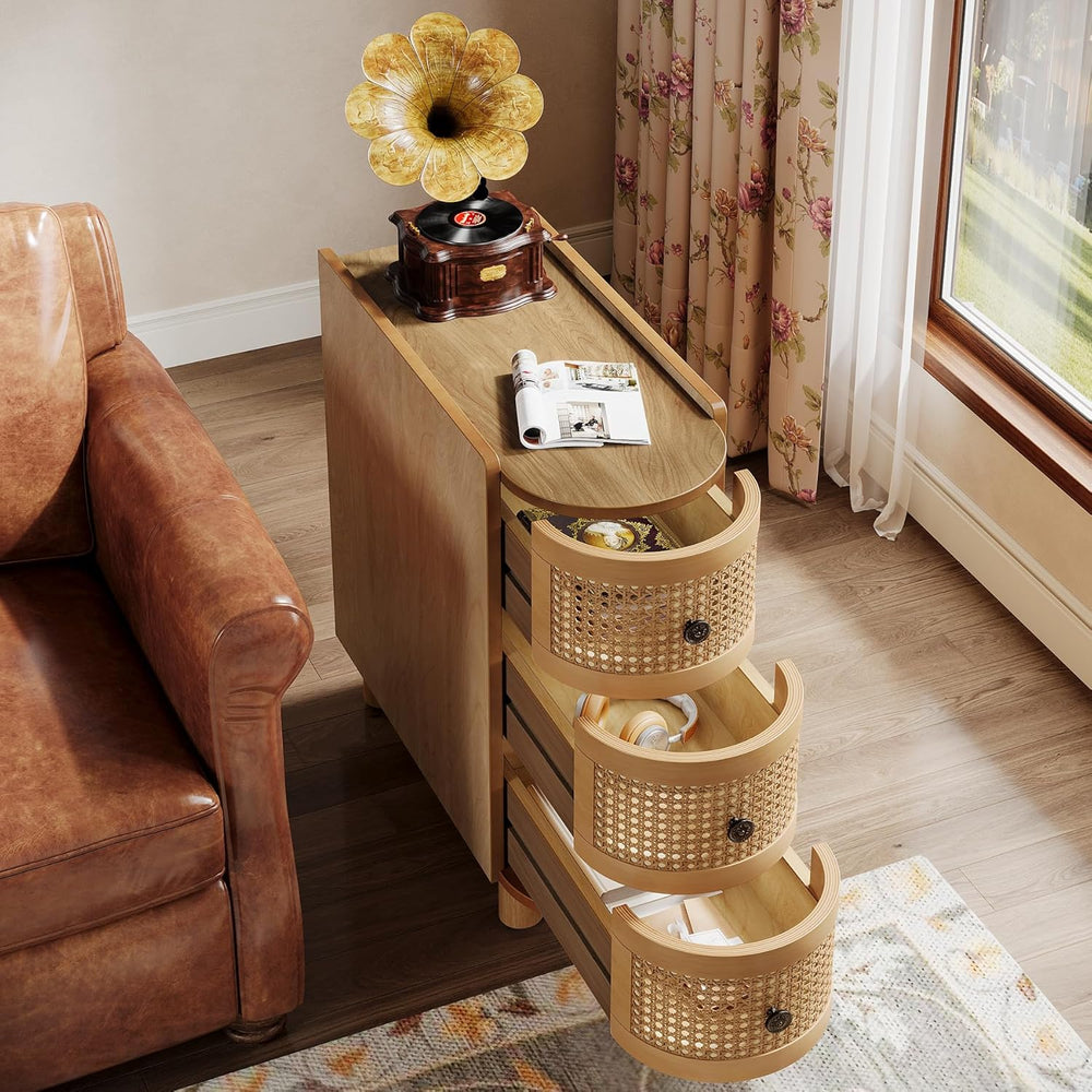 Tribesigns Solid Wood End Table, 3-Drawer Rattan Side Table, Night Stand with...