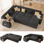 100" Modular Sectional Sleeper Sofa with Pull Out Bed, 7 Seat Corduroy U Shaped Couch with Storage Chaise|Reclining Backrest|Side Table|USB Port, Cloud Sectional Couches for Living Room, Dark Grey