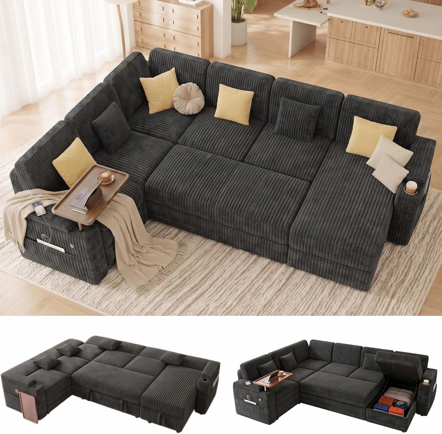 100" Modular Sectional Sleeper Sofa with Pull Out Bed, 7 Seat Corduroy U Shaped Couch with Storage Chaise|Reclining Backrest|Side Table|USB Port, Cloud Sectional Couches for Living Room, Dark Grey