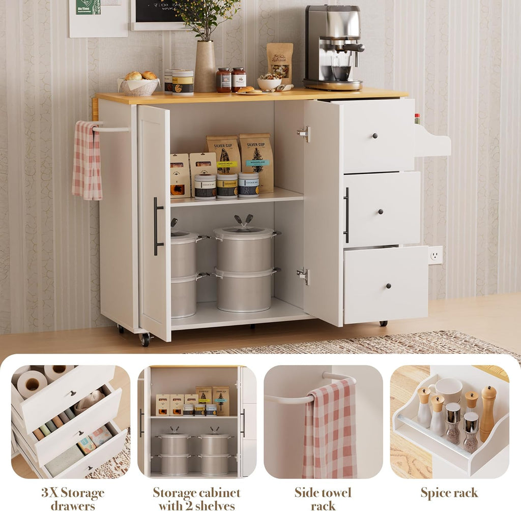 GRUSIGN Kitchen Island on Wheels with Storage-Multifunctional Kitchen Island Cart with Drop Leaf, Rolling Island with Spice/Towel Rack,Expandable Island Table Kitchen,39.37" Width,White