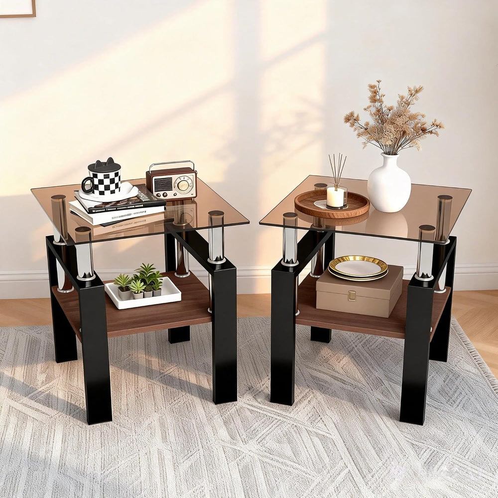 17.72'' Glass Side Table Set of 2, 2 Tier Couch End Table with Temper...