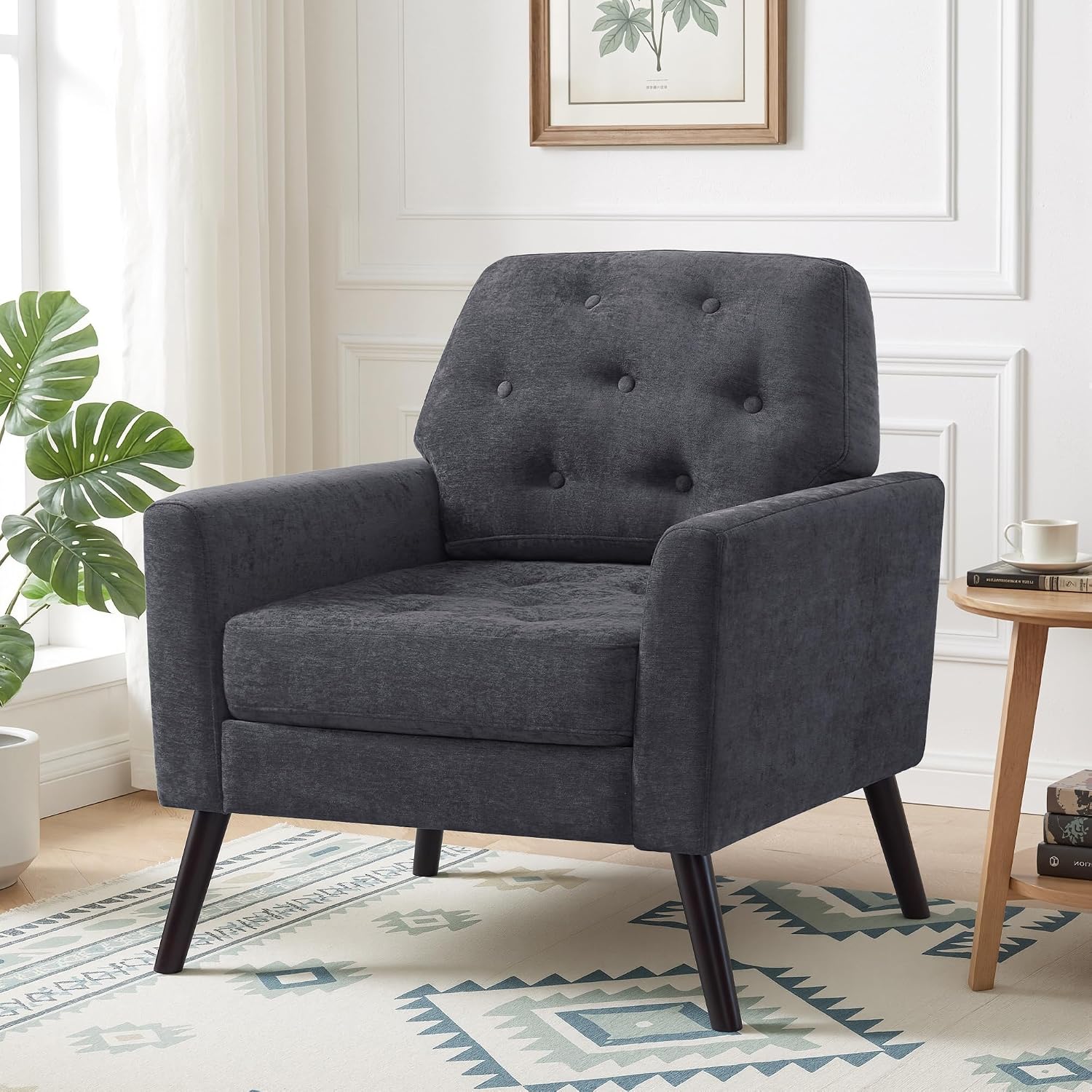 Accent Chair for Living Room, Mid Century Modern Reading Chair, Upholstered Armchair with Tufted Back & Wood Legs, Single Sofa Side Chair for Bedroom Small Room Office Apartment, Dark Grey