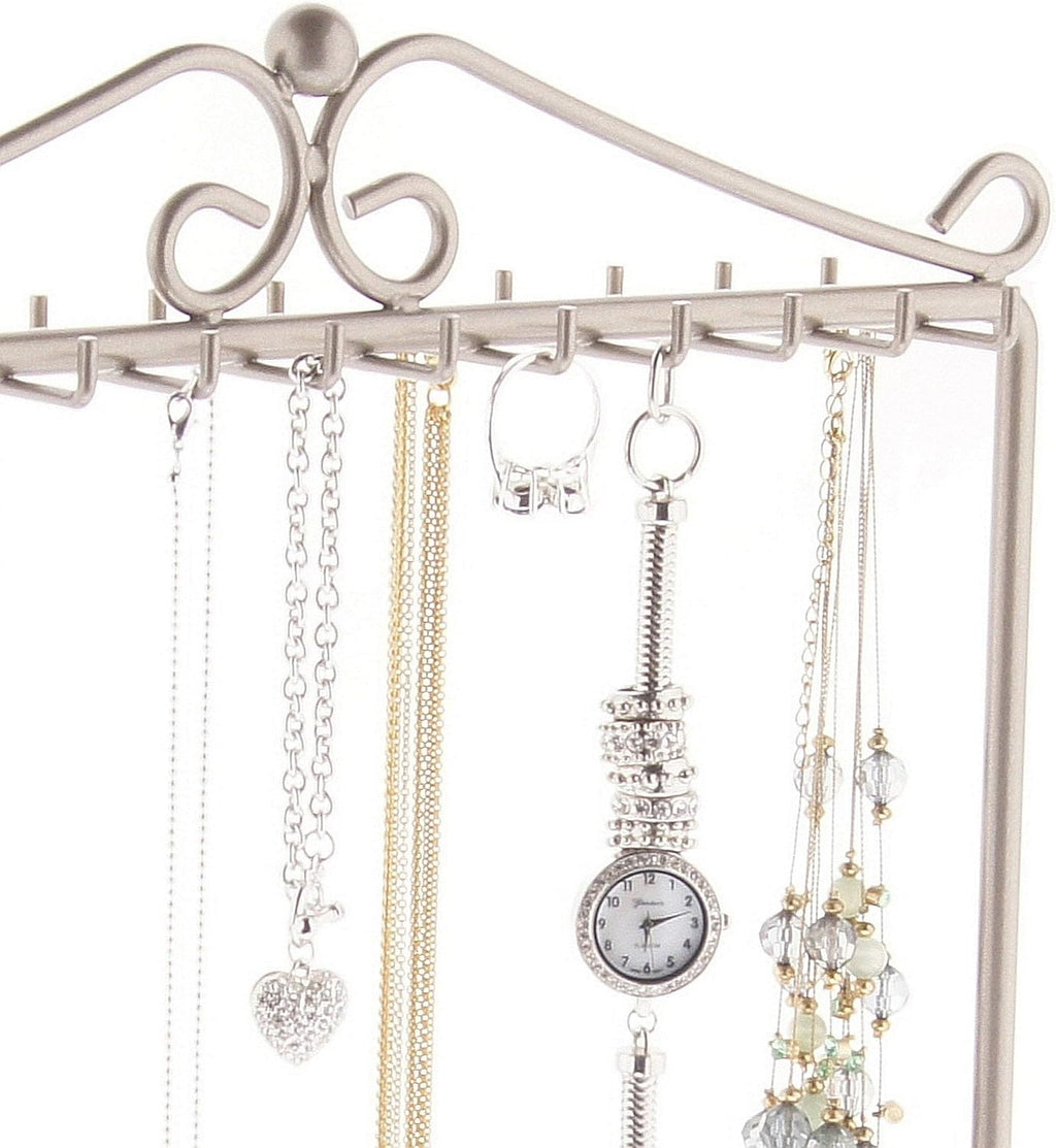 Angelynn's Sturdy Long Necklace Holder Organizer Tall Tabletop Pendant Display Stand, Freestanding Large Capacity Jewelry Tree, Calla Satin Nickel Silver 13 1/2" Wide x 15 3/4" Tall
