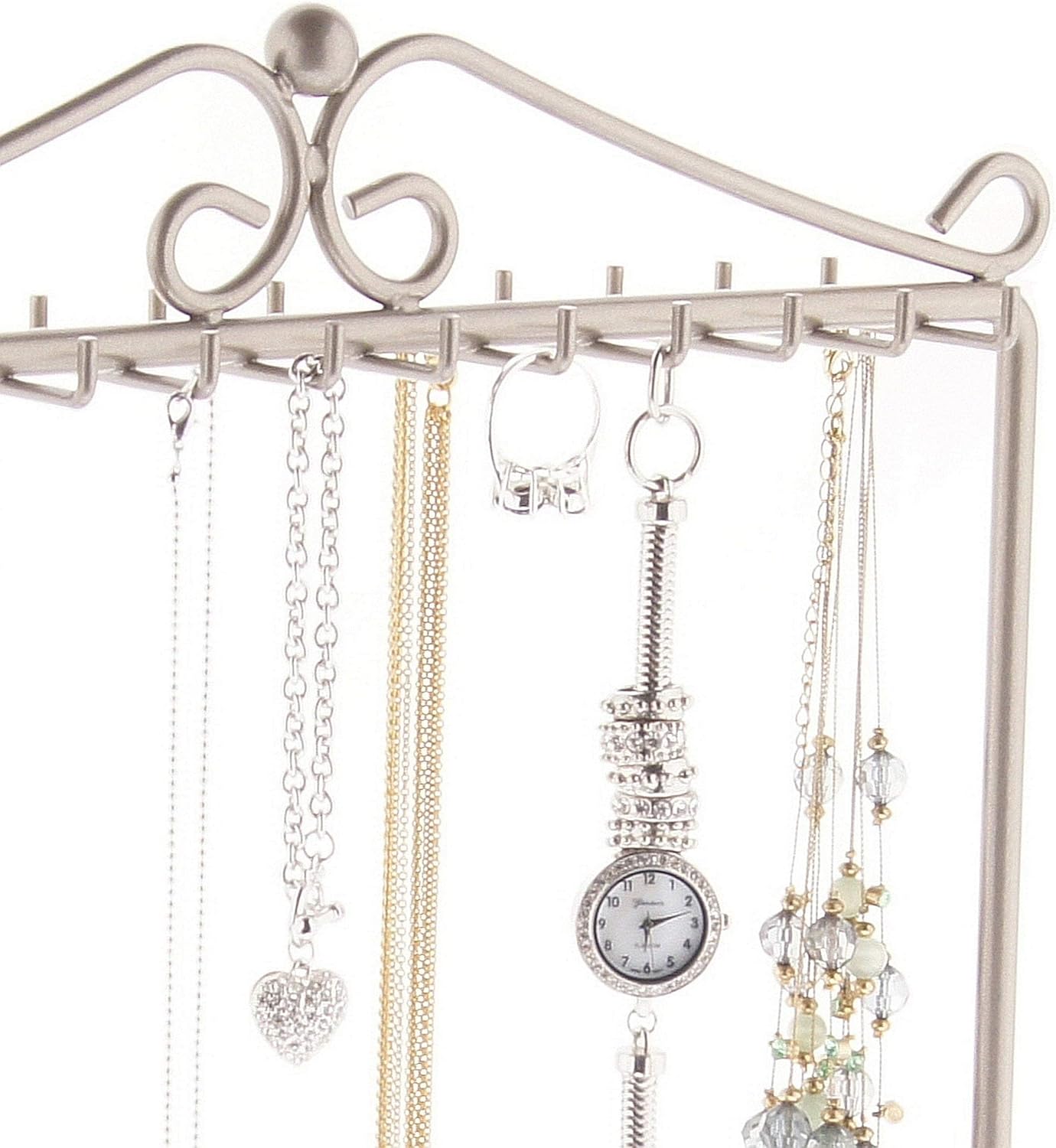 Angelynn's Sturdy Long Necklace Holder Organizer Tall Tabletop Pendant Display Stand, Freestanding Large Capacity Jewelry Tree, Calla Satin Nickel Silver 13 1/2" Wide x 15 3/4" Tall