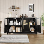 GarveeHome Sideboard Buffet Cabinet with 4 Glass Doors, 55" Buffet Table Coffee Bar Wine Bar Display Cabinet for Kitchen Dining Room, Living Room (Dark, Glass with 4 Doors)