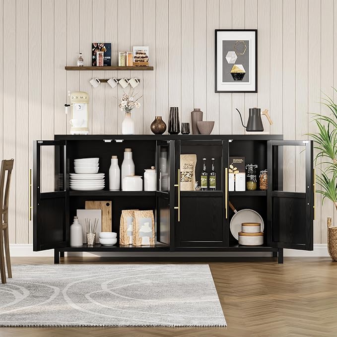 GarveeHome Sideboard Buffet Cabinet with 4 Glass Doors, 55" Buffet Table Coffee Bar Wine Bar Display Cabinet for Kitchen Dining Room, Living Room (Dark, Glass with 4 Doors)