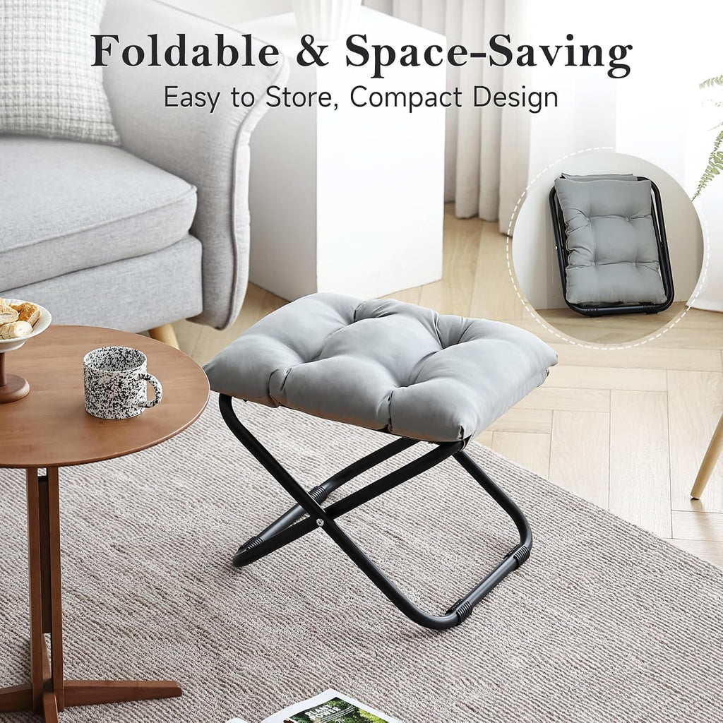 Welnow Folding Ottoman Foot Stool with Detachable Cushion,16'' H, Light Grey