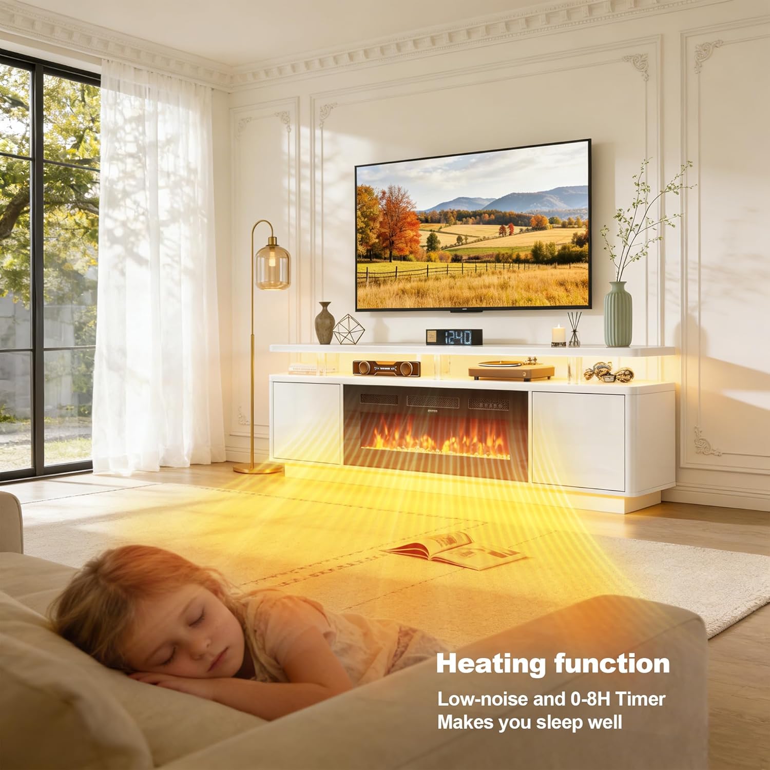 oneinmil 70" White Fireplace TV Stand for Living Room, Electric Fireplace Entertainment Center with Dual LED Lights & Storage Cabinets, Fits TVs up to 80", Media Console for Home Office, White